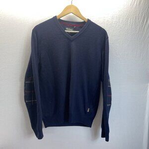 Barbour Men's Navy Blue v neck‎ Cashmere wool Elbow Patch Tartan size Med